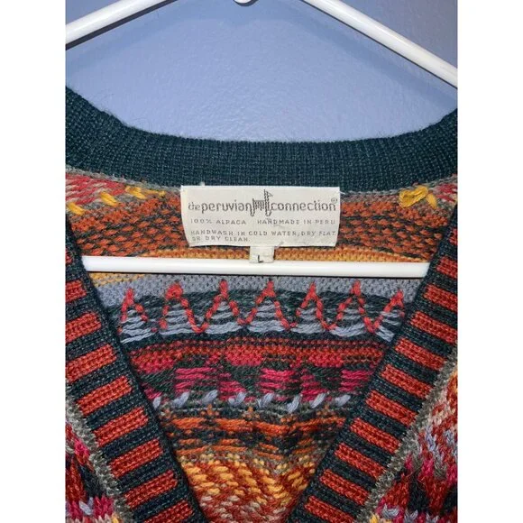 Vintage‎ The Peruvian Collection Multi Colored V-Neck Cardigan SZ L 100% Alpaca